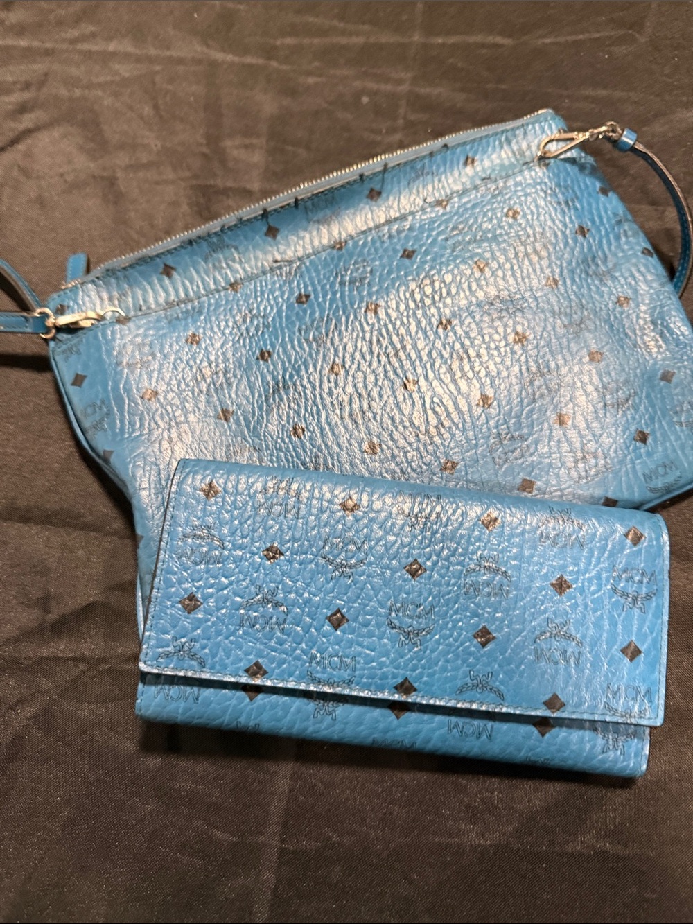 MCM Blue Monogram Leather Crossbody with Matching Wallet